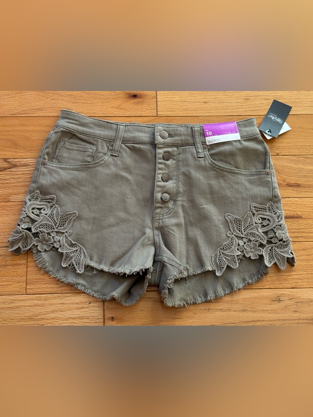 Mossimo Denim High Rise Distressed Olive Jean Shorts 10/30 Embroidered Y2K NEW